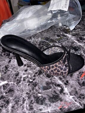 Leopard Print Black Slip-On Heel Sandals
